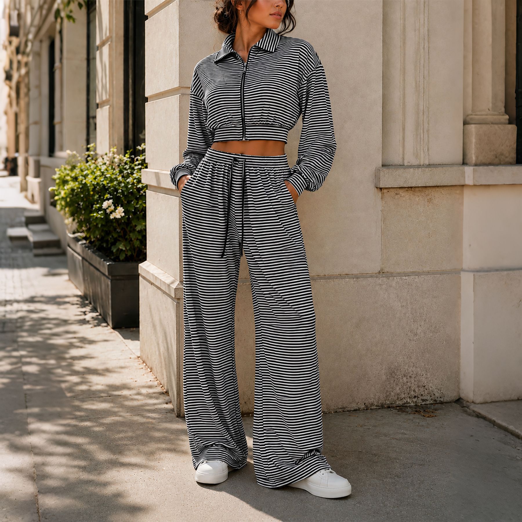Women’s Autumn Two-Piece Set – Striped Zip-Up Stand-Collar Cardigan & Wide-Leg Trousers