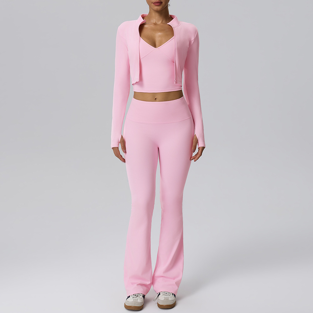 Women’s 3-Piece Yoga Set – Barely-There Double-Layer Tank, Flared Trousers & Long-Sleeve Jacket for Fitness, Casual Wear, Travel & Camping