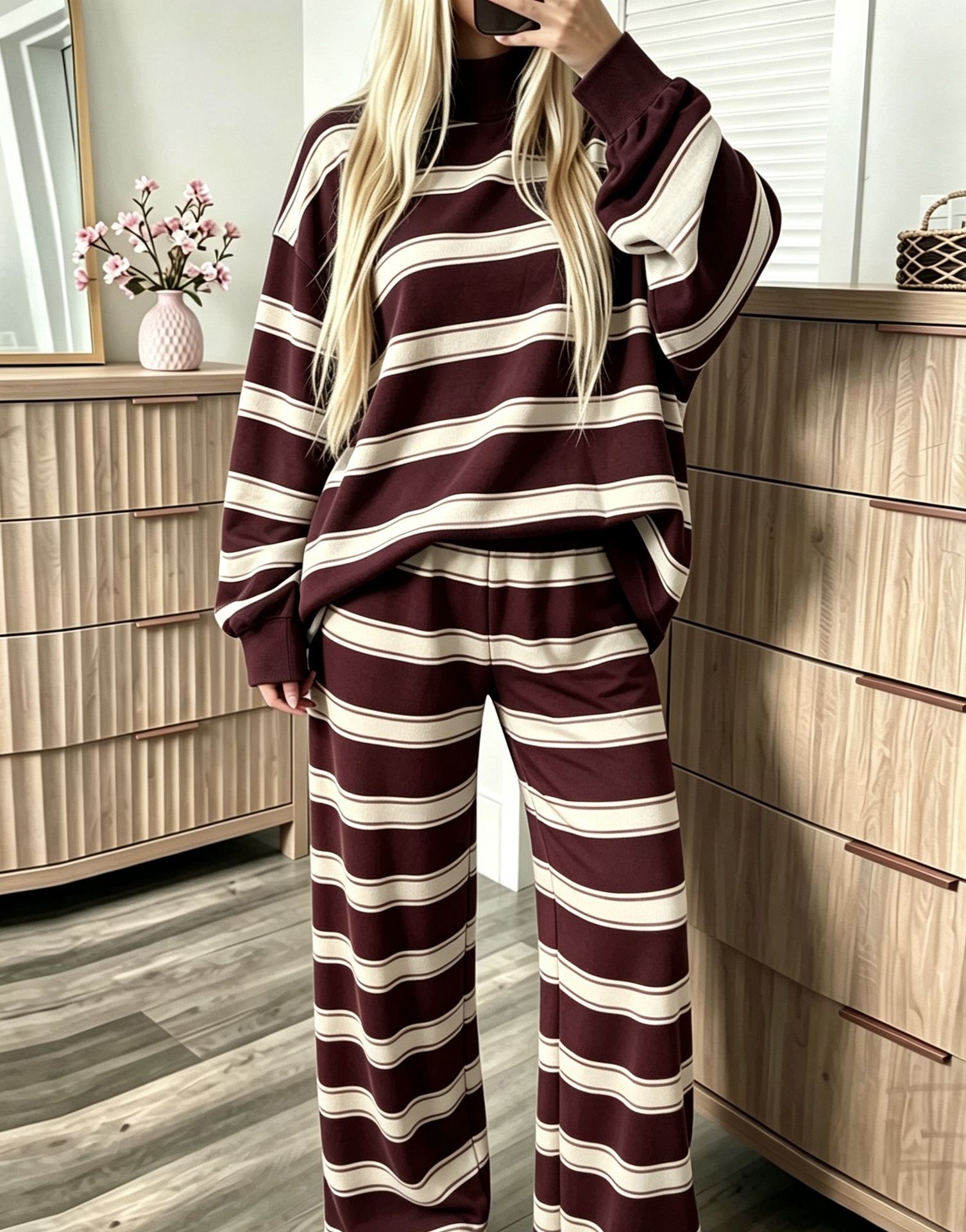 Women’s Striped Two-Piece Set – Mock Neck Pullover & Wide-Leg Trousers for Casual, Travel & Everyday Wear