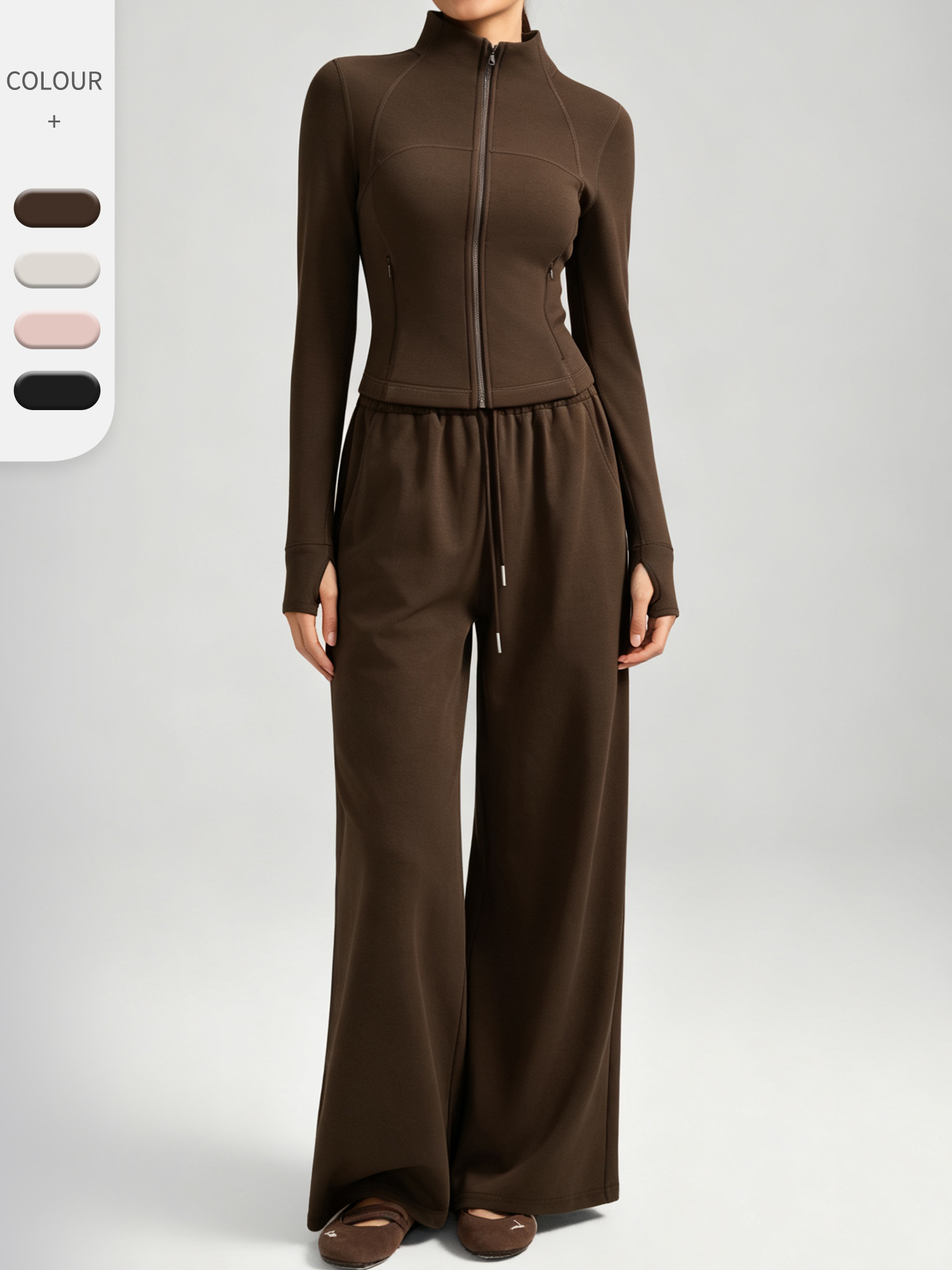 Women’s Autumn/Winter Two-Piece Set – Warm Windproof Jacket & High-Waisted Wide-Leg Trousers for Casual, Outdoor & Travel Wear
