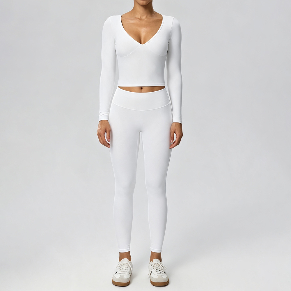 Women’s Two-Piece Sports Set – Soft Double-Layer V-Neck Top & Slim-Fit Leggings for Fitness, Casual & Outdoor Wear