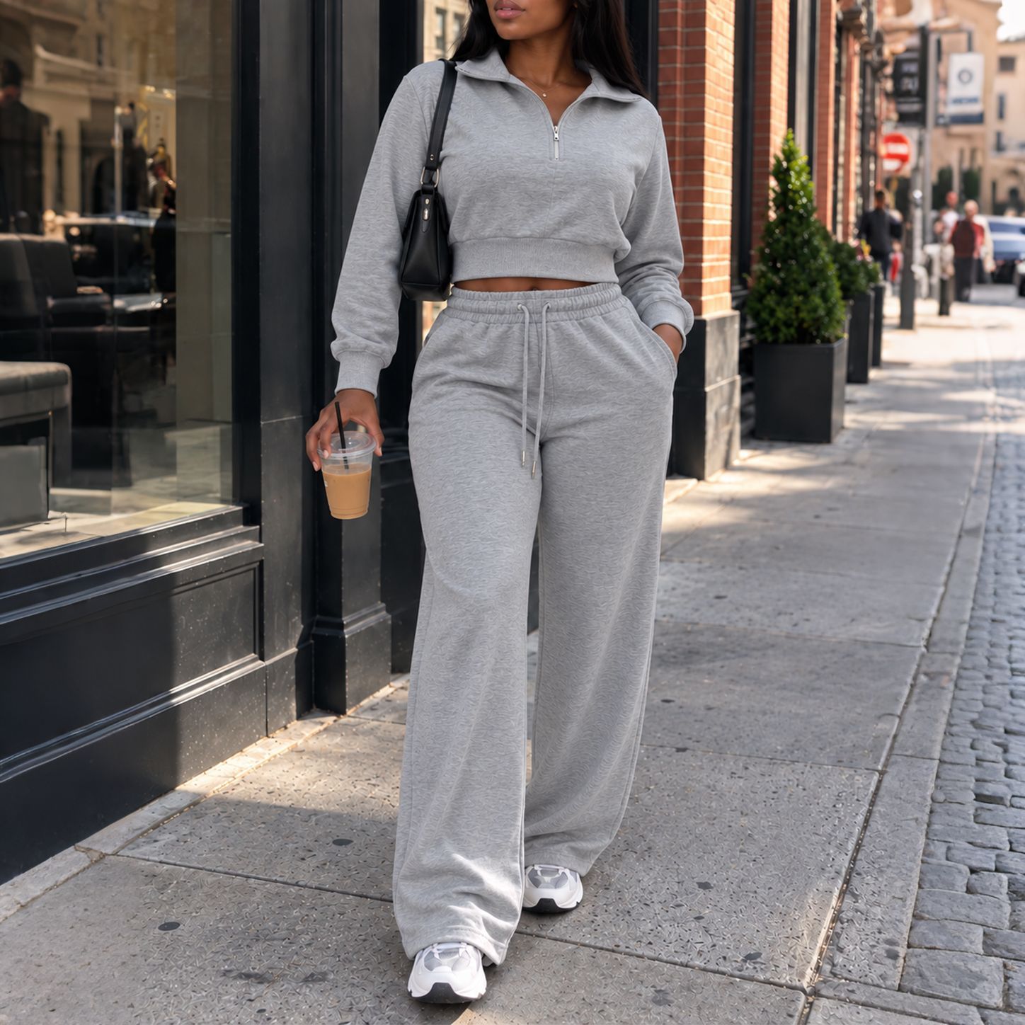 Women’s Autumn/Winter Two-Piece Set – Collared Sweatshirt & Drawstring Wide-Leg Trousers