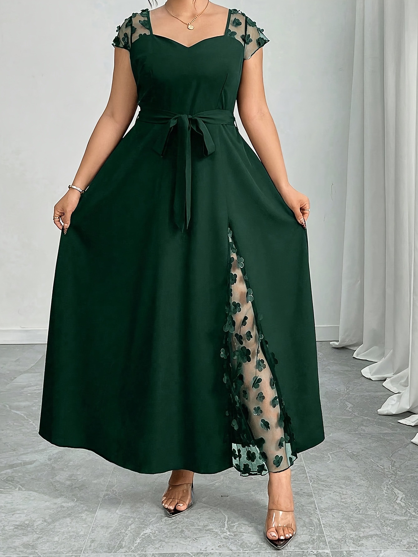Women’s Elegant Jacquard Mesh Panelled Square-Neck Dress