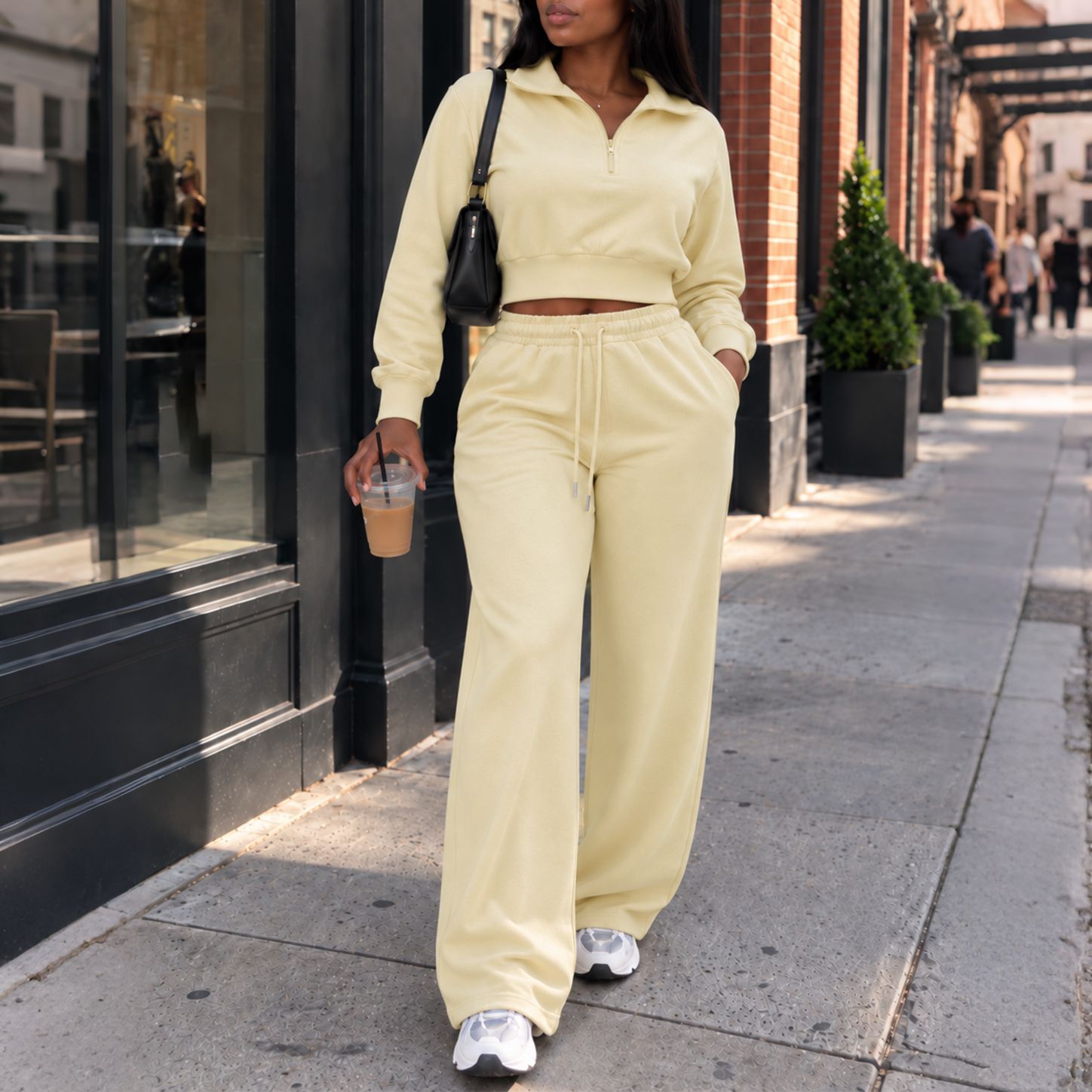 Women’s Autumn/Winter Two-Piece Set – Collared Sweatshirt & Drawstring Wide-Leg Trousers