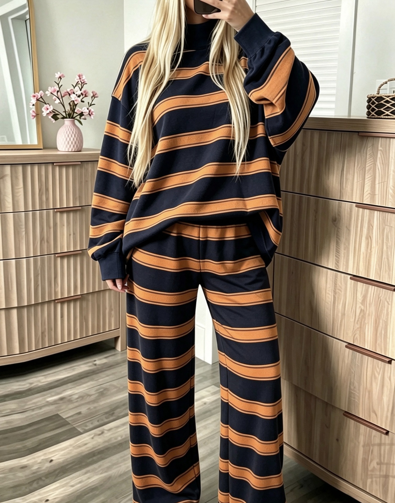Women’s Striped Two-Piece Set – Mock Neck Pullover & Wide-Leg Trousers for Casual, Travel & Everyday Wear