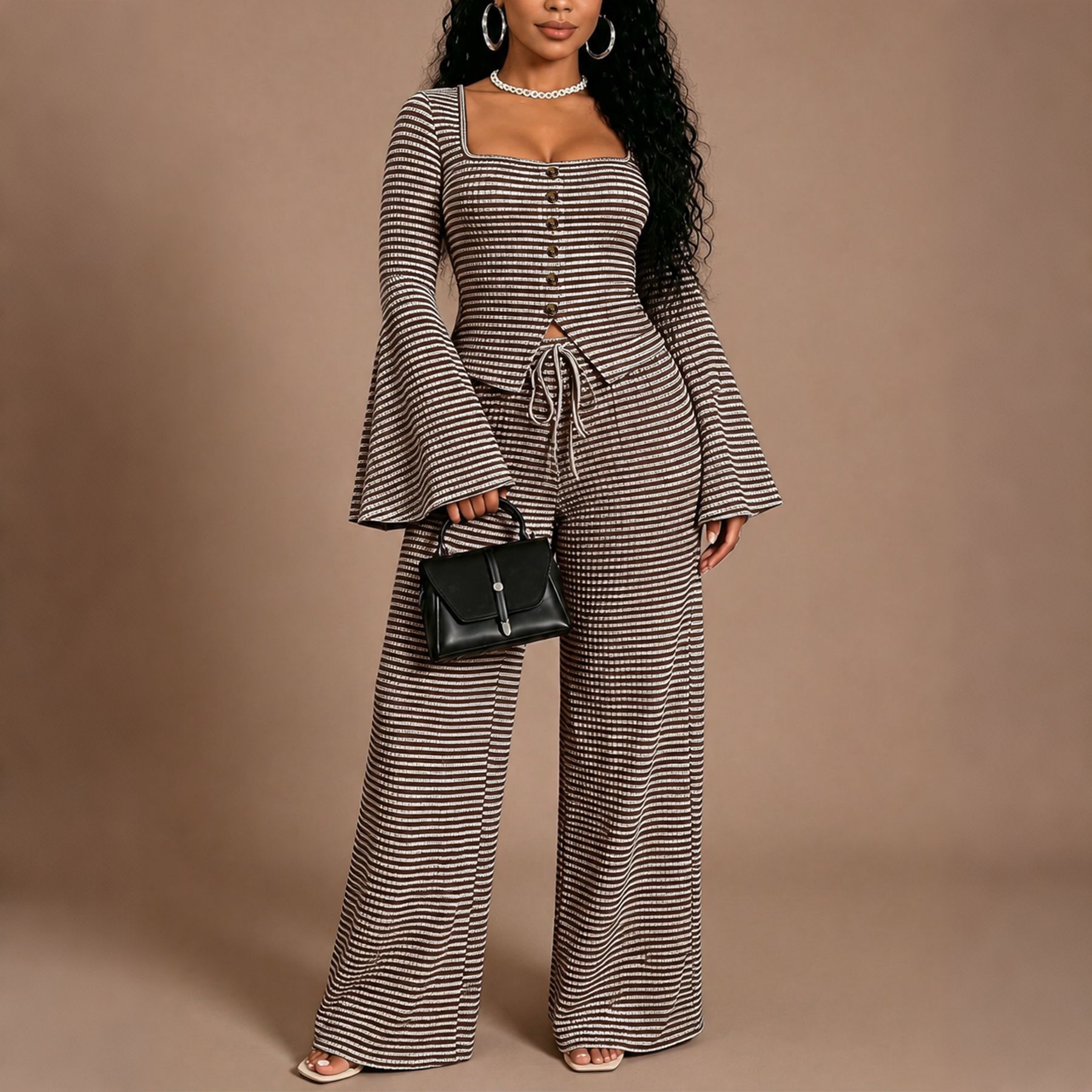 Women’s Autumn Striped Knit Two-Piece Set – Single-Breasted Cardigan & Trousers