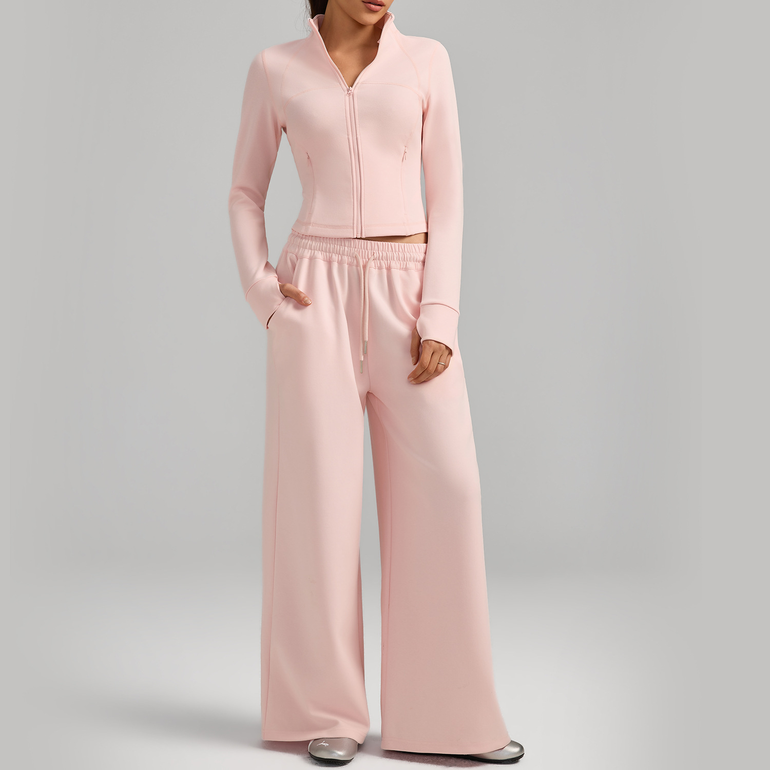 Women’s Autumn/Winter Two-Piece Set – Warm Windproof Jacket & High-Waisted Wide-Leg Trousers for Casual, Outdoor & Travel Wear