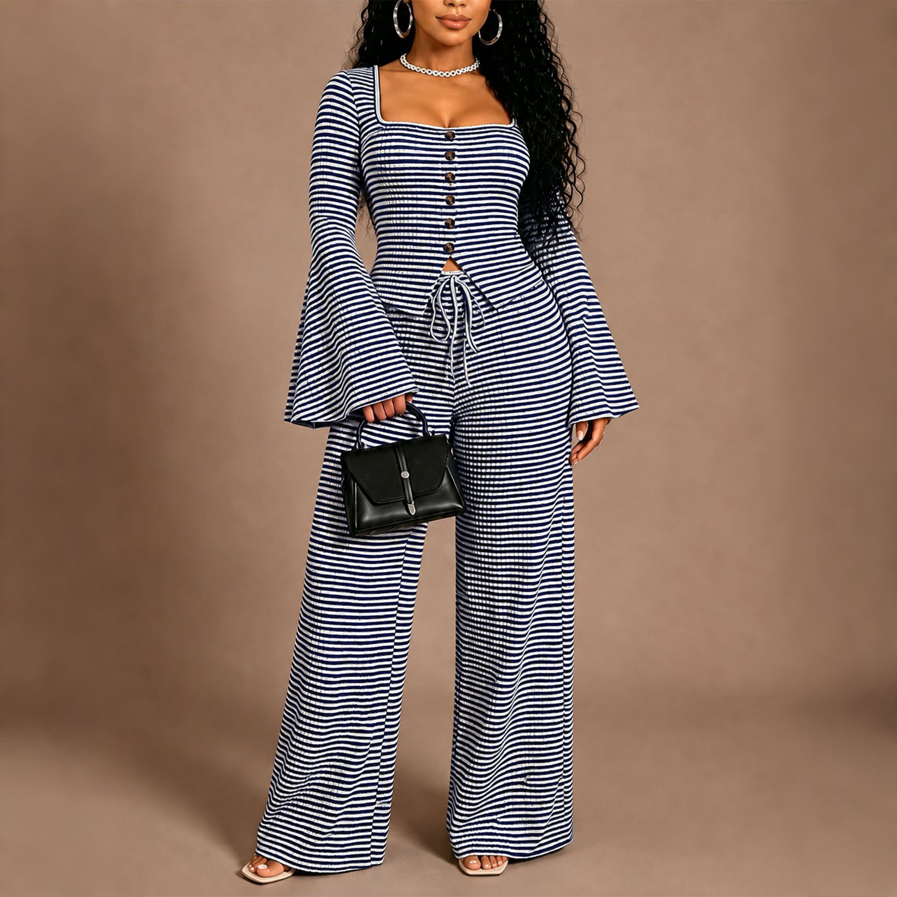 Women’s Autumn Striped Knit Two-Piece Set – Single-Breasted Cardigan & Trousers