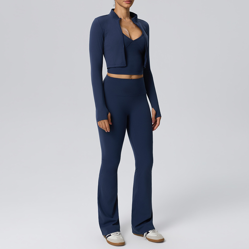Women’s 3-Piece Yoga Set – Barely-There Double-Layer Tank, Flared Trousers & Long-Sleeve Jacket for Fitness, Casual Wear, Travel & Camping