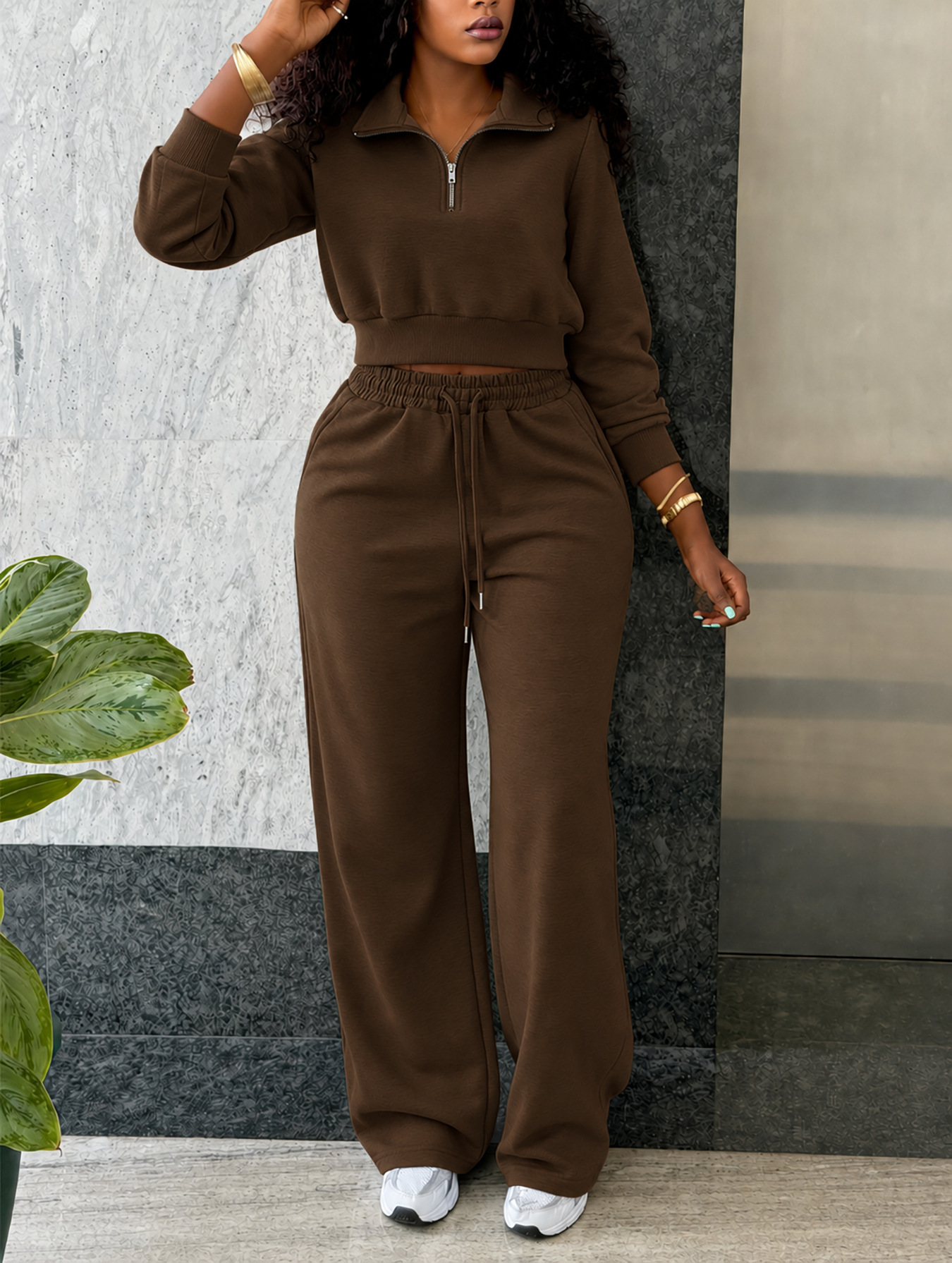 Women’s Autumn/Winter Two-Piece Set – Collared Sweatshirt & Drawstring Wide-Leg Trousers