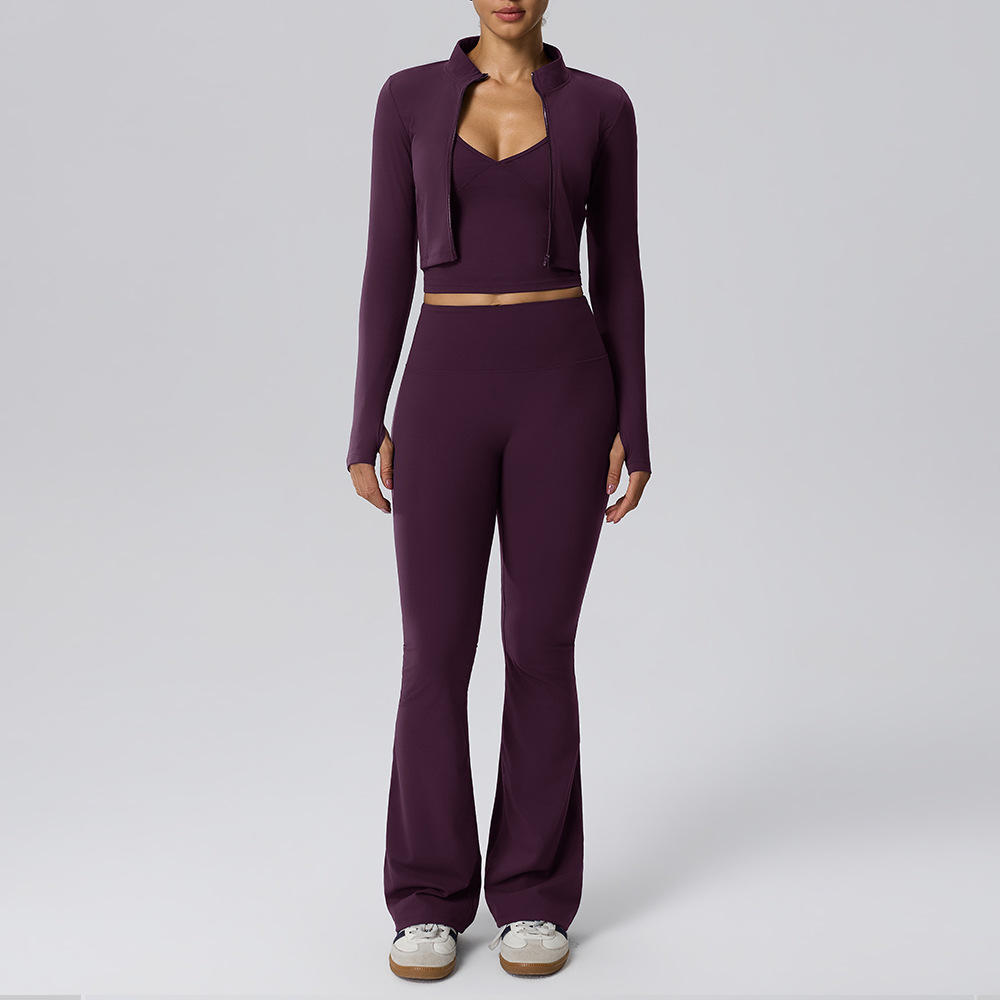 Women’s 3-Piece Yoga Set – Barely-There Double-Layer Tank, Flared Trousers & Long-Sleeve Jacket for Fitness, Casual Wear, Travel & Camping