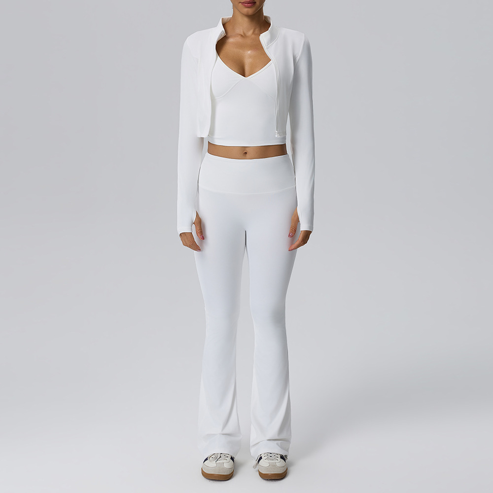 Women’s 3-Piece Yoga Set – Barely-There Double-Layer Tank, Flared Trousers & Long-Sleeve Jacket for Fitness, Casual Wear, Travel & Camping