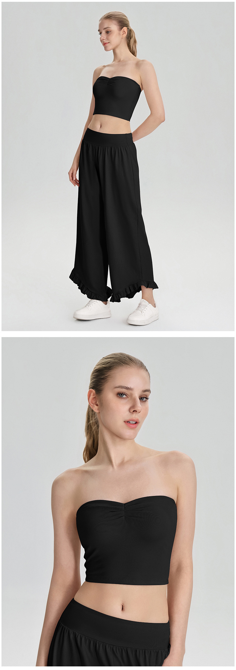 Women’s Two-Piece Sports Set – Non-Slip Bandeau Tank Top & Loose Wide-Leg Trousers for Casual, Fitness, Travel & Camping
