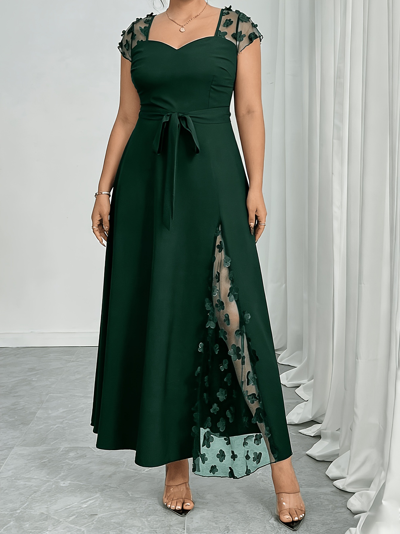 Women’s Elegant Jacquard Mesh Panelled Square-Neck Dress