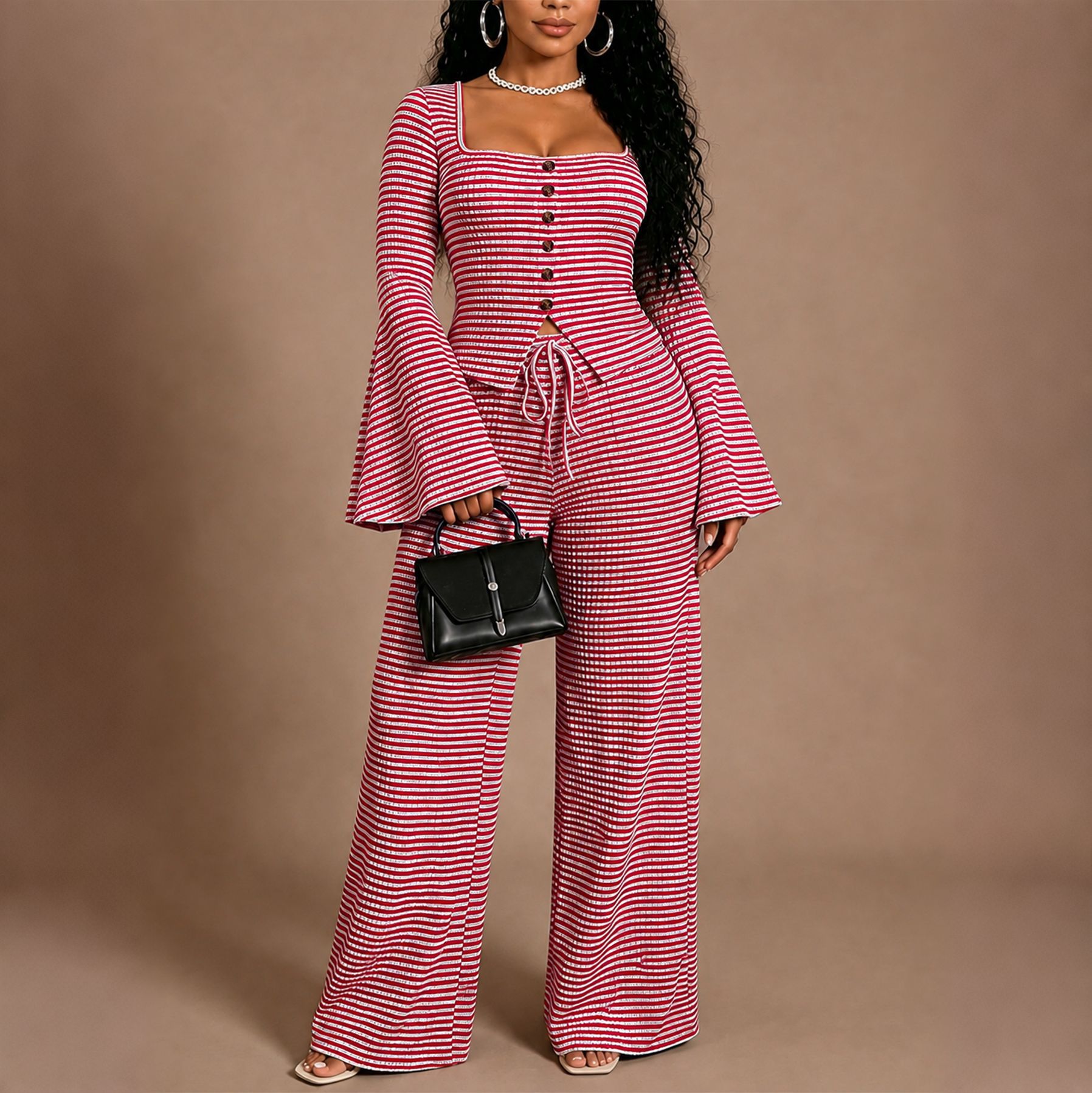 Women’s Autumn Striped Knit Two-Piece Set – Single-Breasted Cardigan & Trousers