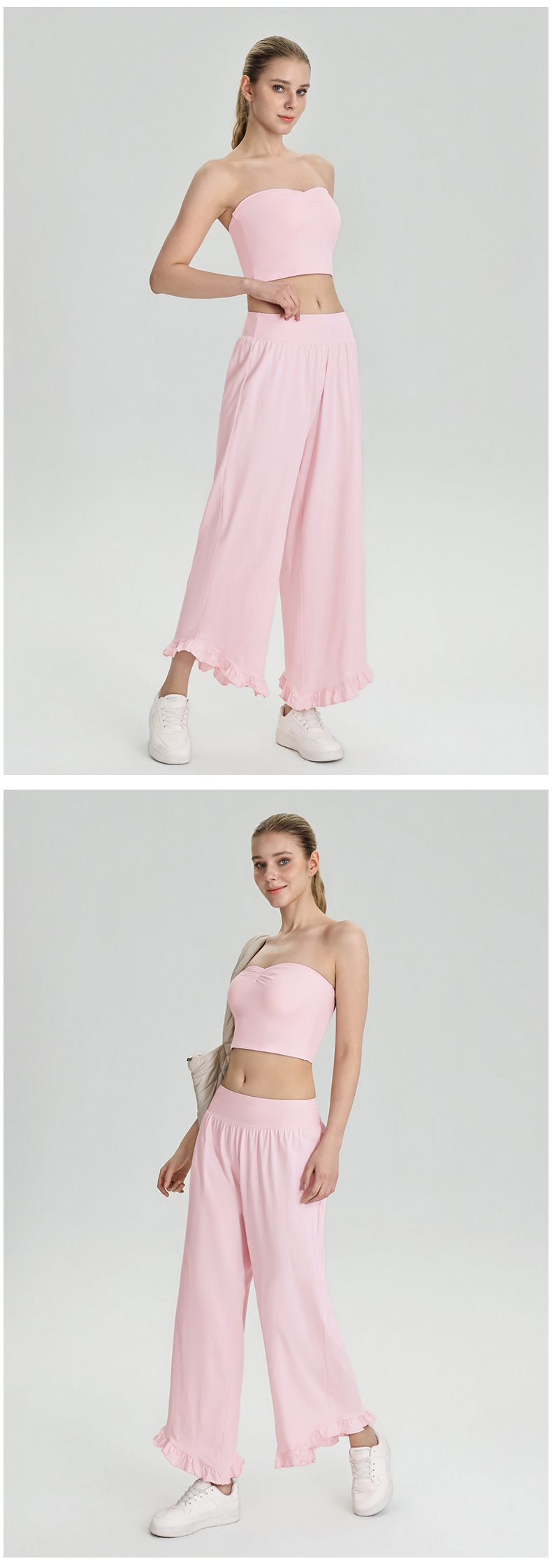 Women’s Two-Piece Sports Set – Non-Slip Bandeau Tank Top & Loose Wide-Leg Trousers for Casual, Fitness, Travel & Camping