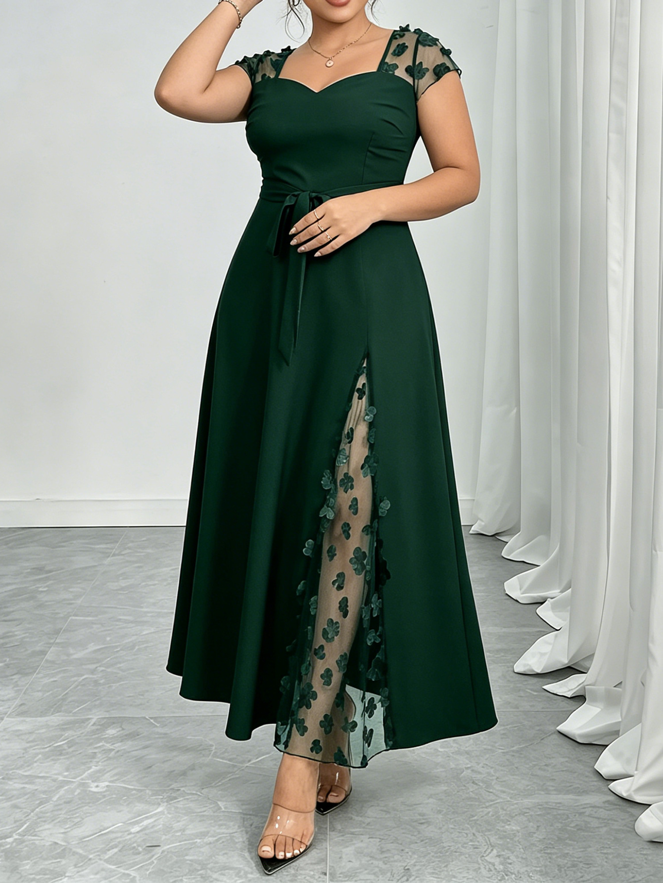 Women’s Elegant Jacquard Mesh Panelled Square-Neck Dress