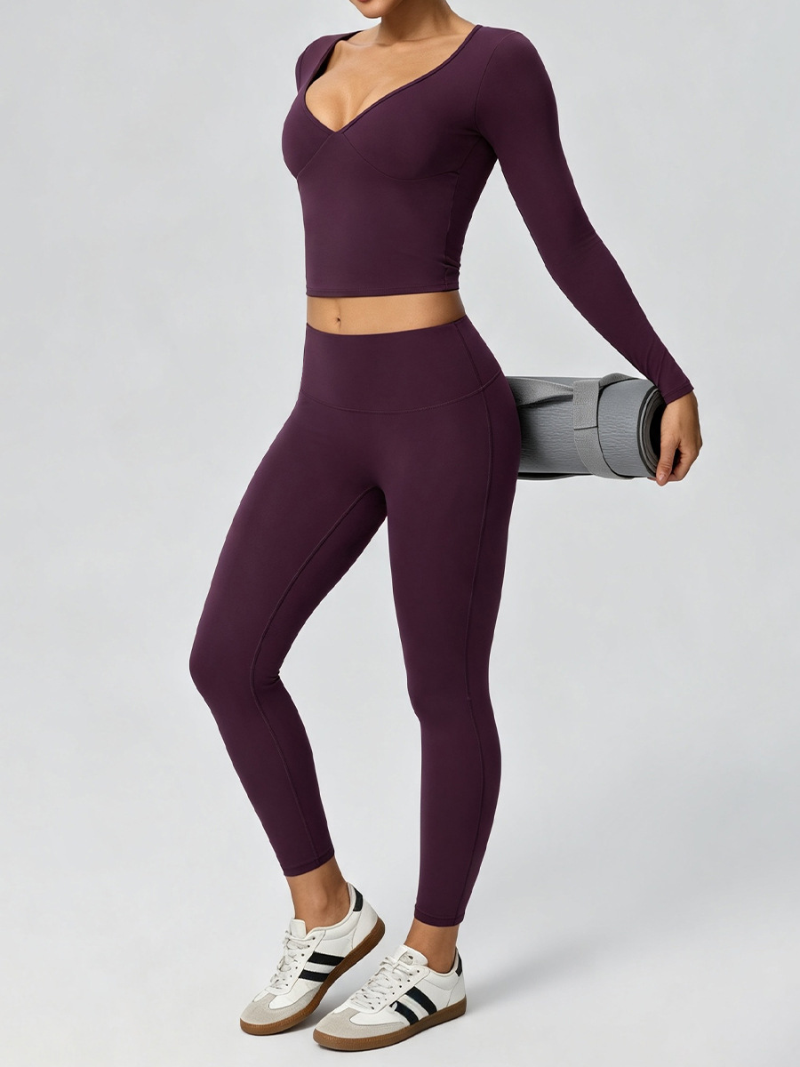 Women’s Two-Piece Sports Set – Soft Double-Layer V-Neck Top & Slim-Fit Leggings for Fitness, Casual & Outdoor Wear
