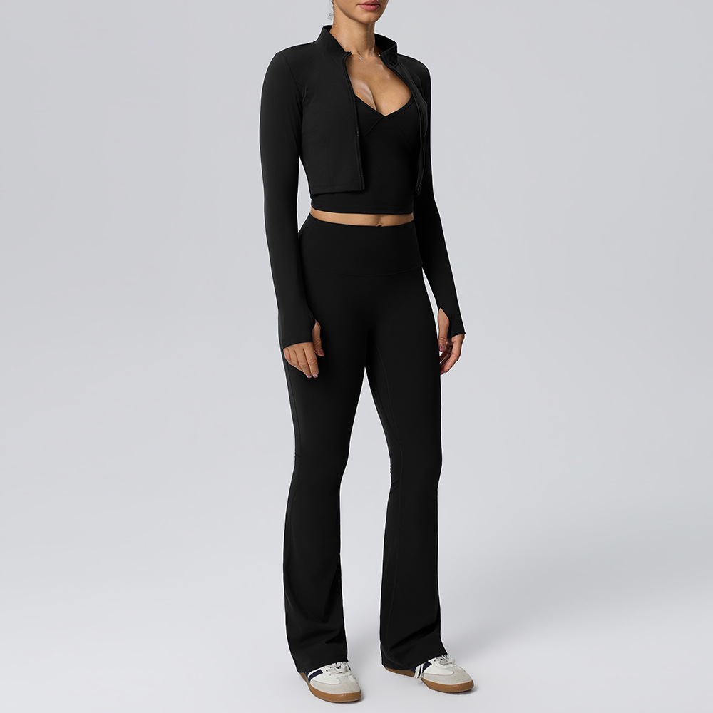 Women’s 3-Piece Yoga Set – Barely-There Double-Layer Tank, Flared Trousers & Long-Sleeve Jacket for Fitness, Casual Wear, Travel & Camping
