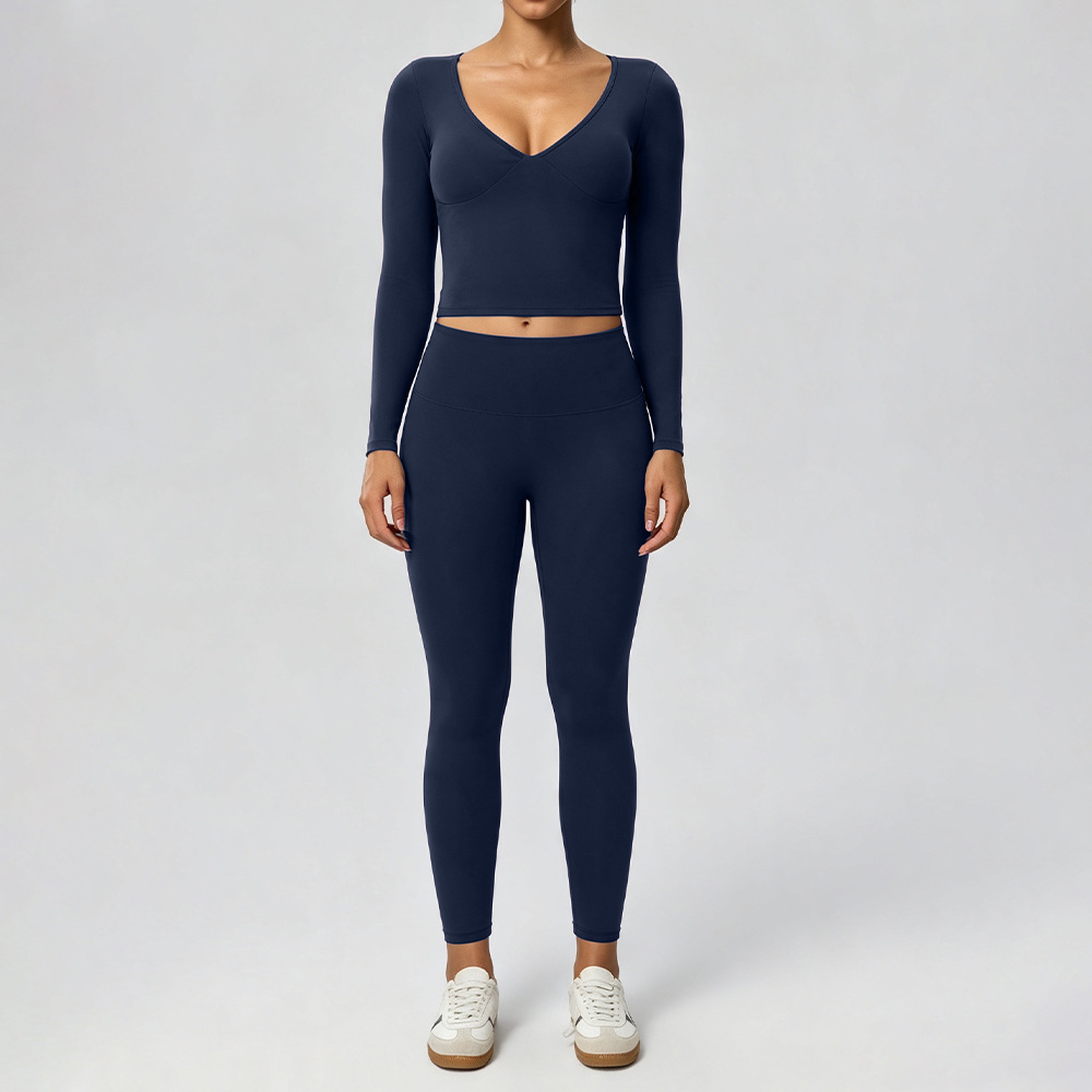 Women’s Two-Piece Sports Set – Soft Double-Layer V-Neck Top & Slim-Fit Leggings for Fitness, Casual & Outdoor Wear