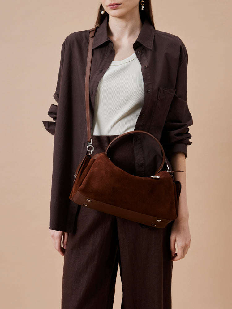 OLYRA Suede Leather Satchel - Brown