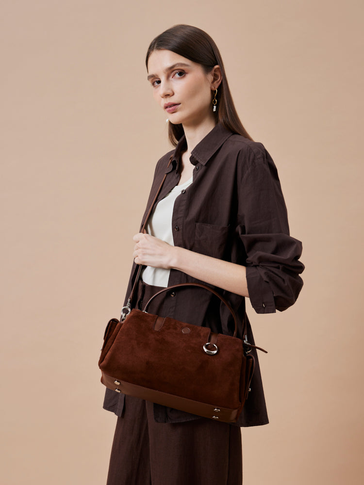 OLYRA Suede Leather Satchel - Brown