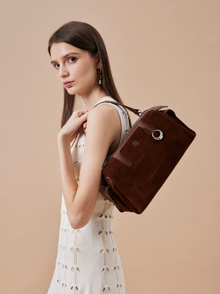 OLYRA Suede Leather Satchel - Brown