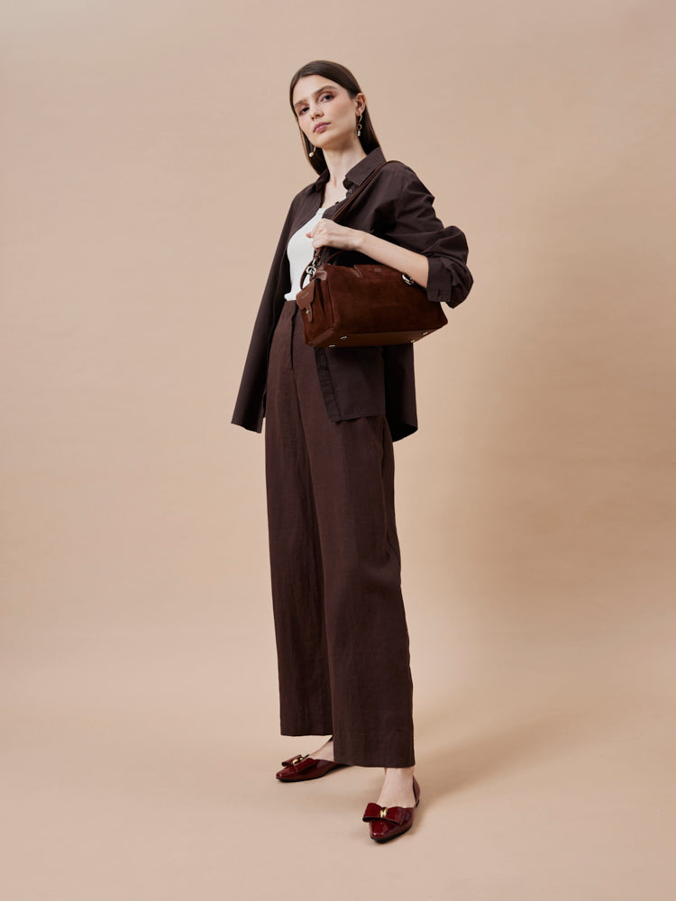 OLYRA Suede Leather Satchel - Brown