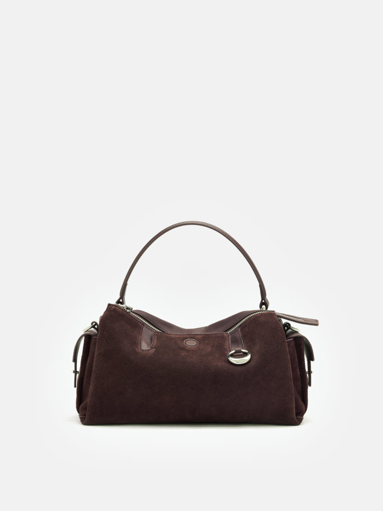 OLYRA Suede Leather Satchel - Dark Brown