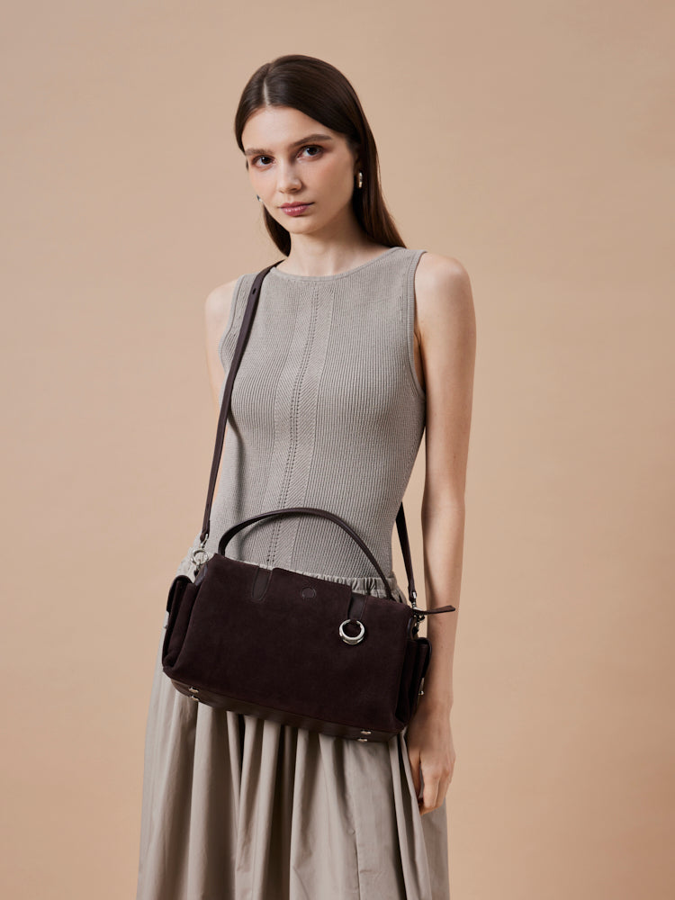 OLYRA Suede Leather Satchel - Dark Brown