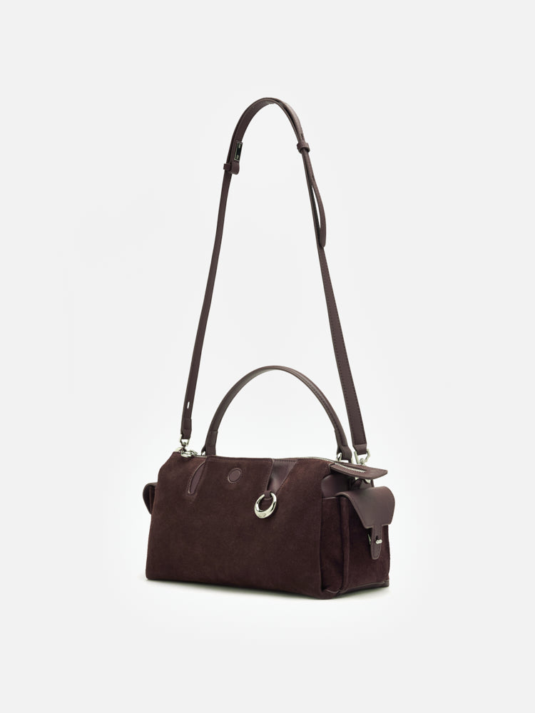 OLYRA Suede Leather Satchel - Dark Brown