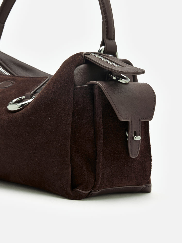 OLYRA Suede Leather Satchel - Dark Brown