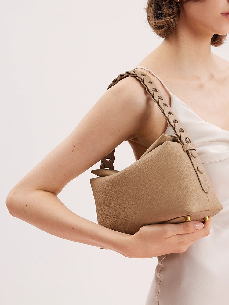 OLYRA Slouchy Chained Leather Handbag - Khaki