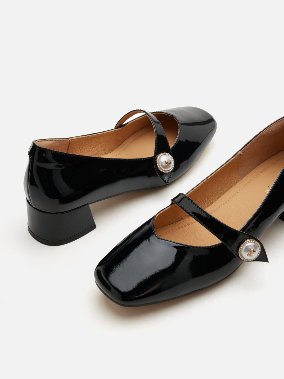 OLYRA Crystal Pearl Leather Mary Jane Heels - Black