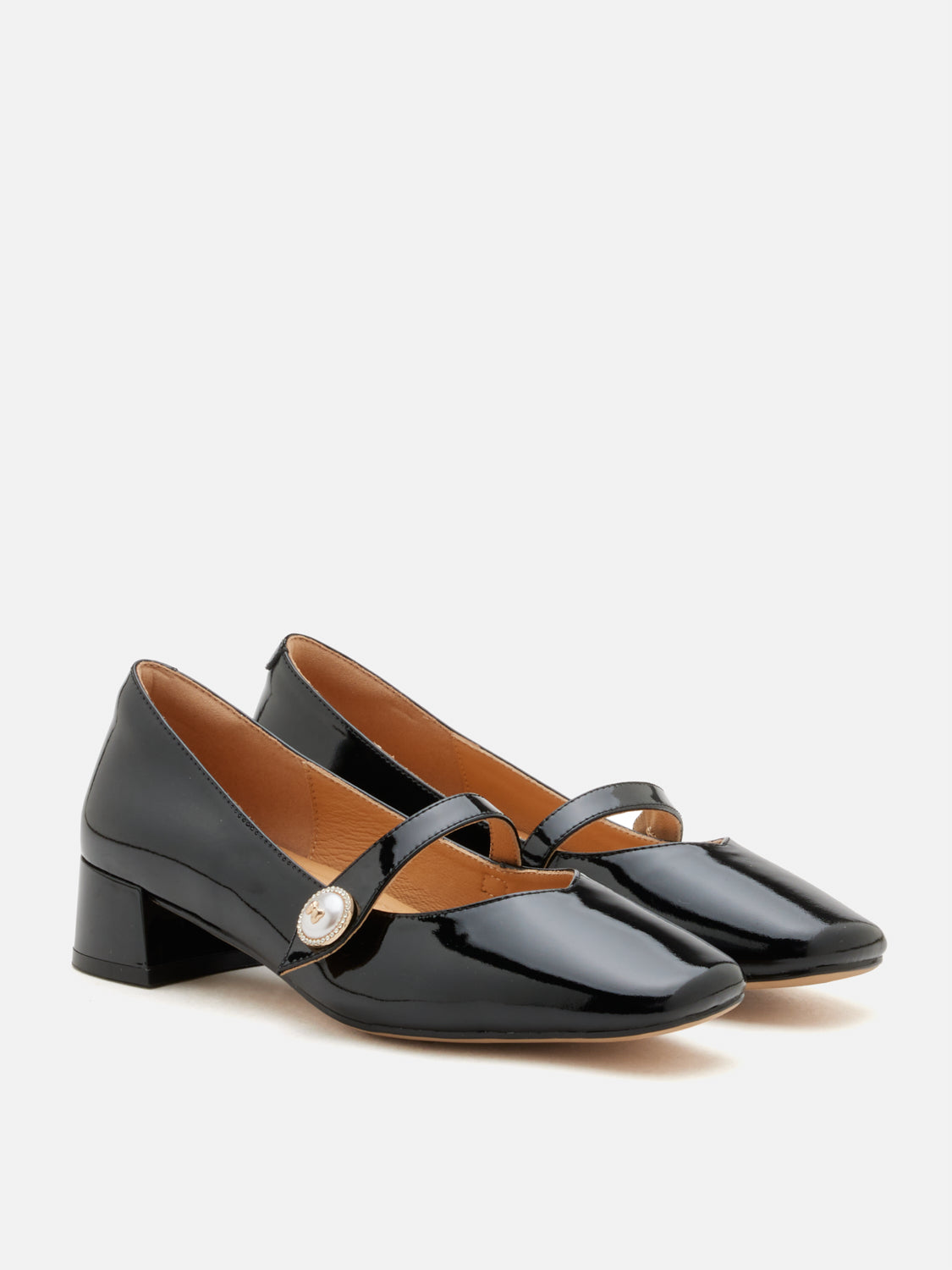 OLYRA Crystal Pearl Leather Mary Jane Heels - Black