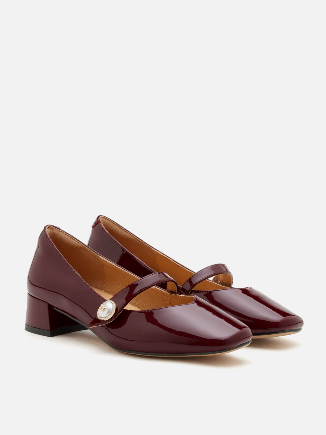 OLYRA Crystal Pearl Leather Mary Jane Heels - Wine