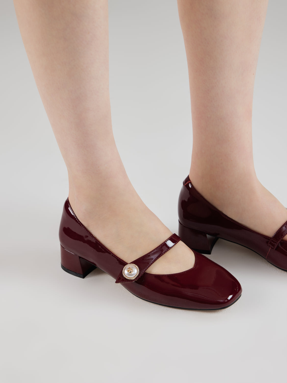 OLYRA Crystal Pearl Leather Mary Jane Heels - Wine