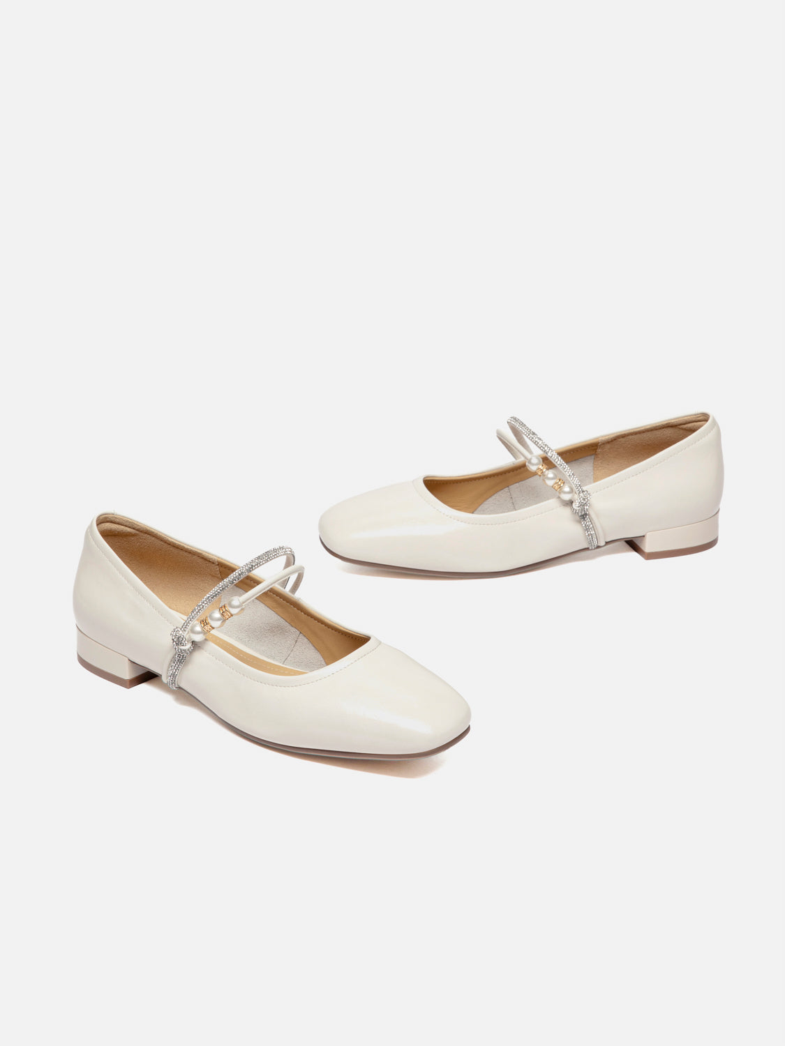 OLYRA Crystal & Pearl Strap Leather Mary Jane Heels - Beige