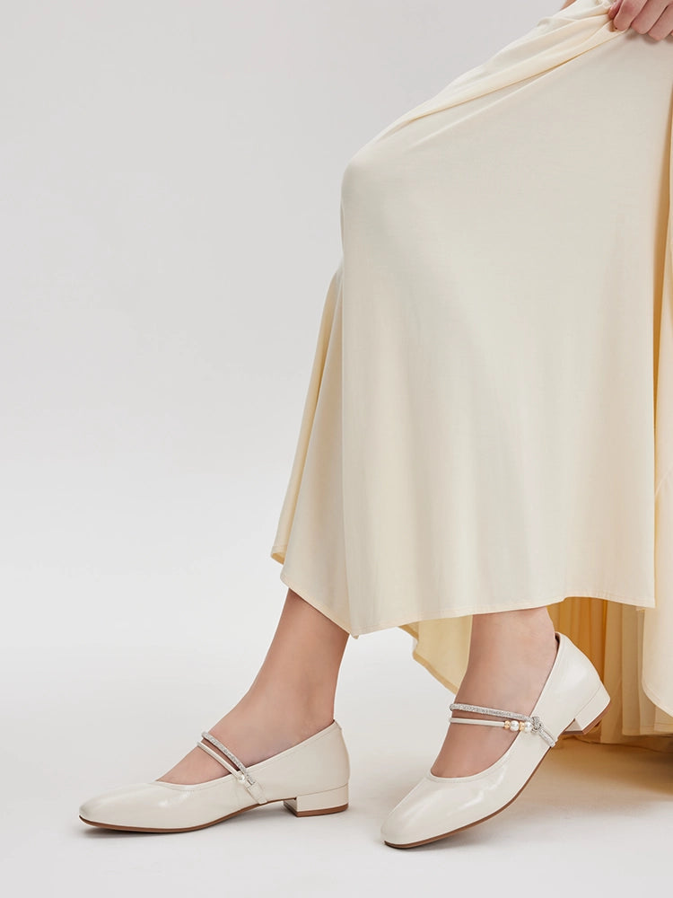 OLYRA Crystal & Pearl Strap Leather Mary Jane Heels - Beige