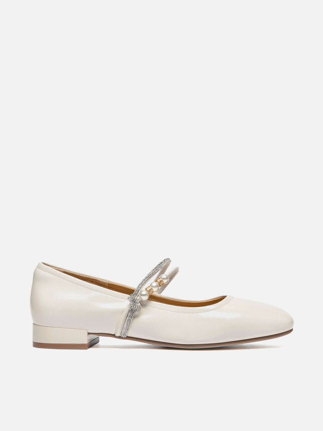 OLYRA Crystal & Pearl Strap Leather Mary Jane Heels - Beige