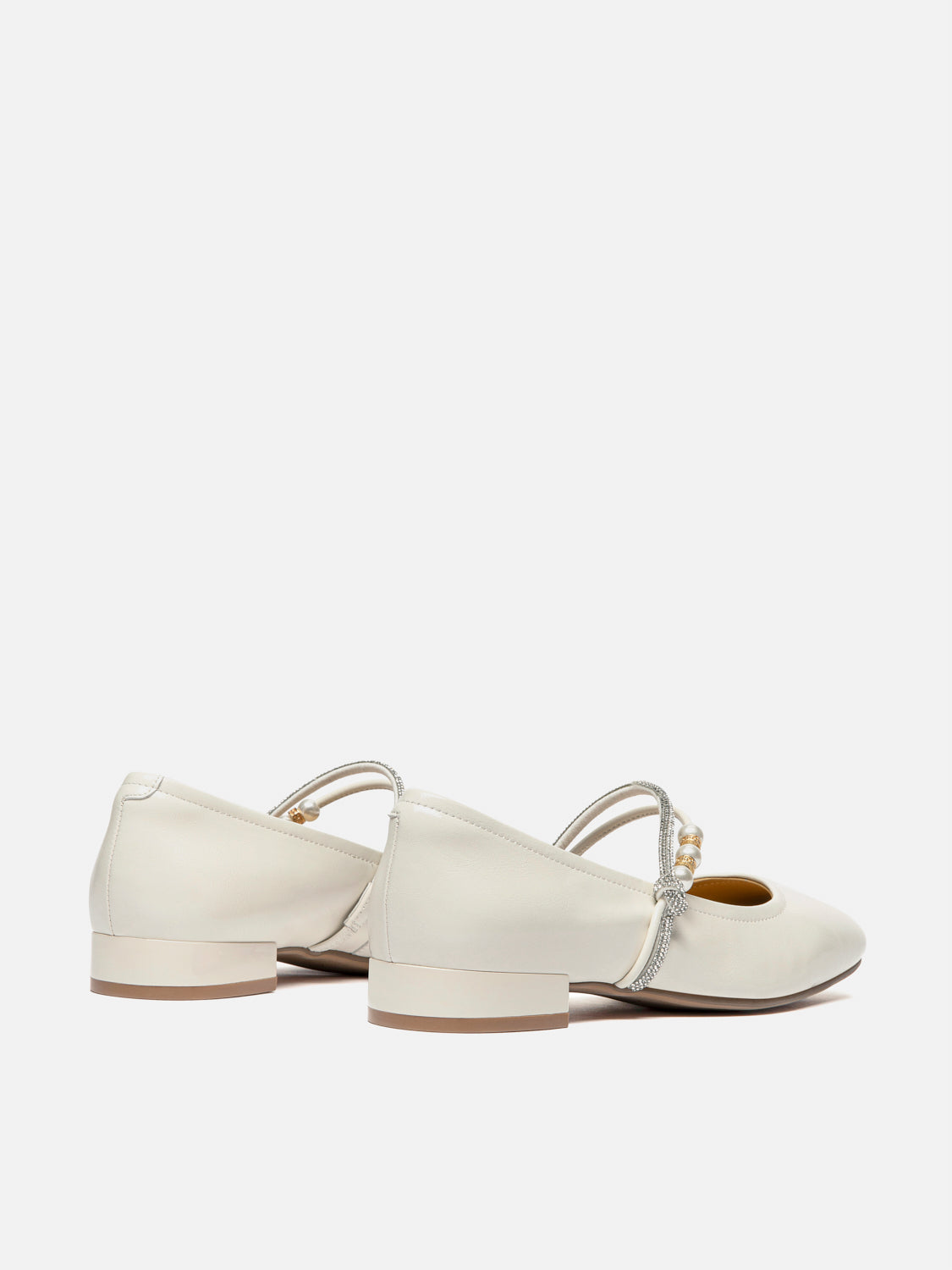 OLYRA Crystal & Pearl Strap Leather Mary Jane Heels - Beige