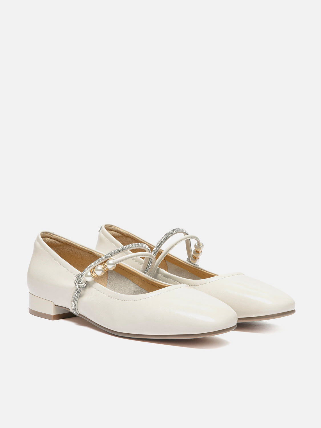 OLYRA Crystal & Pearl Strap Leather Mary Jane Heels - Beige