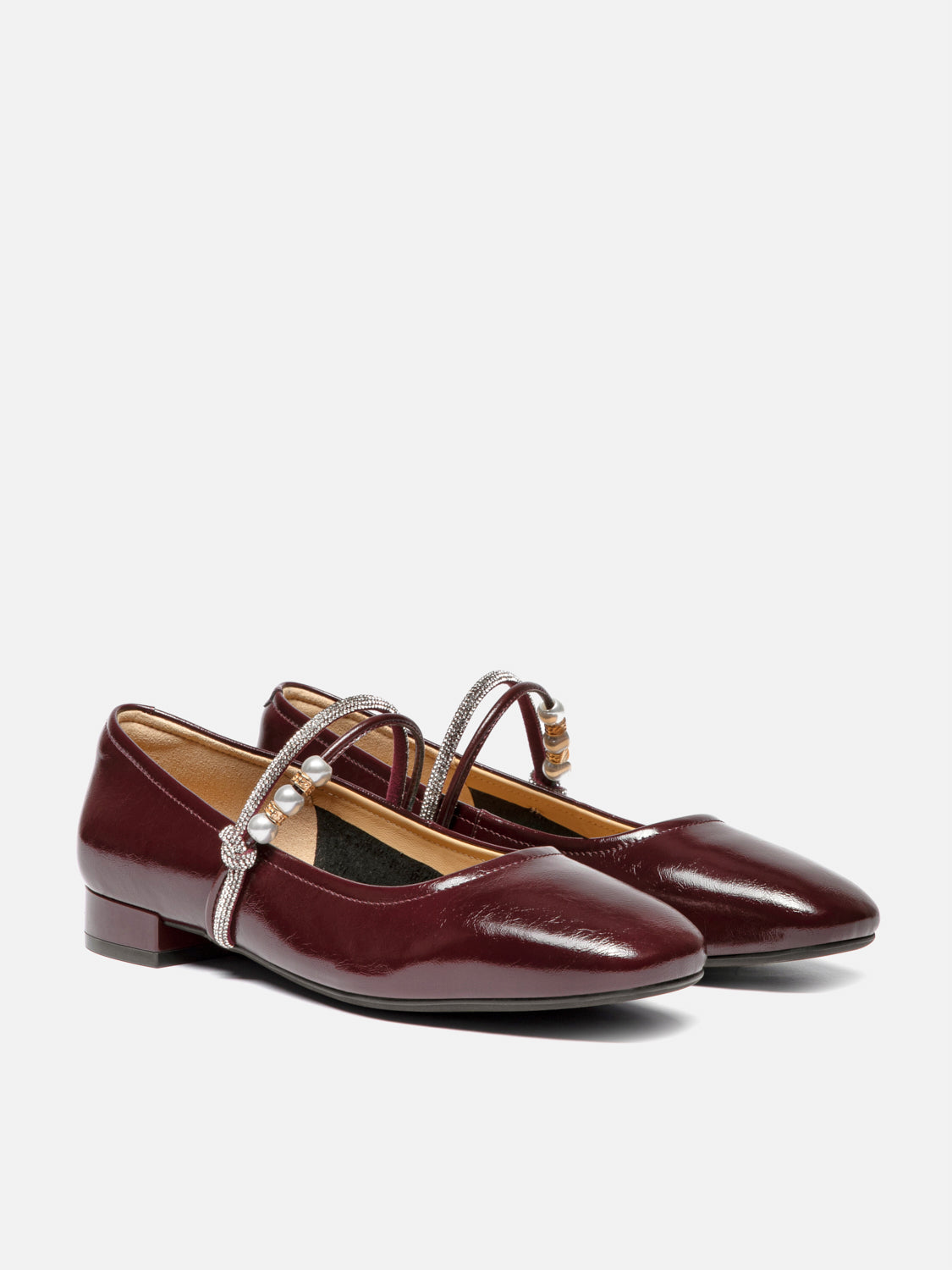 OLYRA Crystal & Pearl Strap Leather Mary Jane Heels - Wine