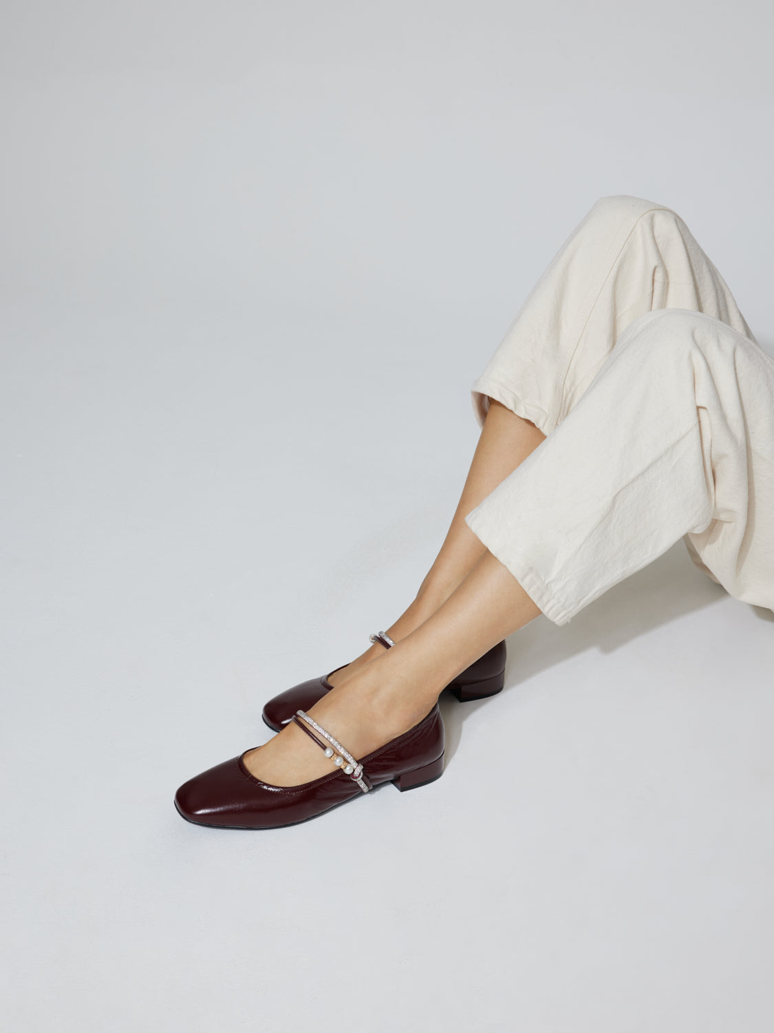 OLYRA Crystal & Pearl Strap Leather Mary Jane Heels - Wine