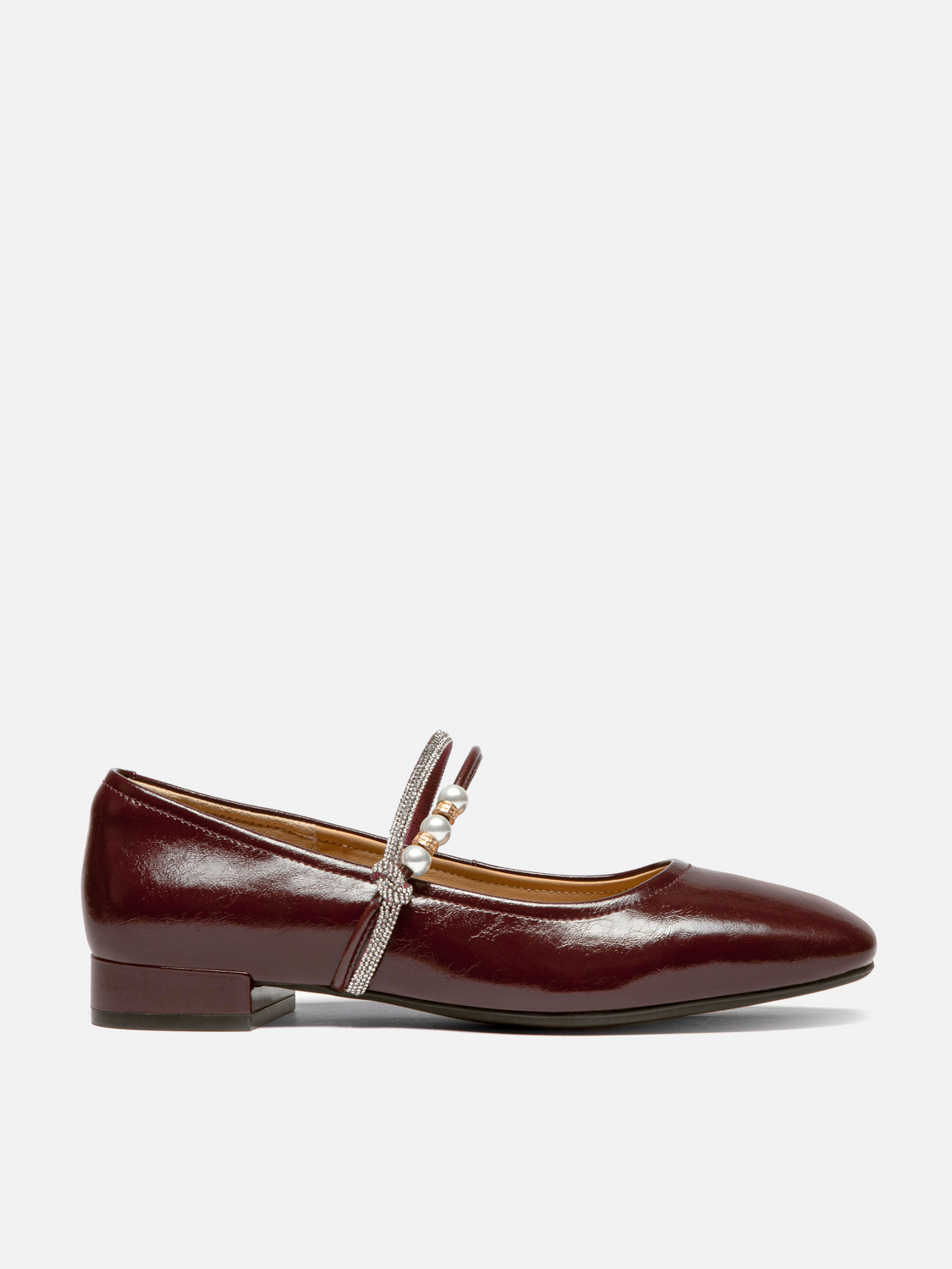 OLYRA Crystal & Pearl Strap Leather Mary Jane Heels - Wine