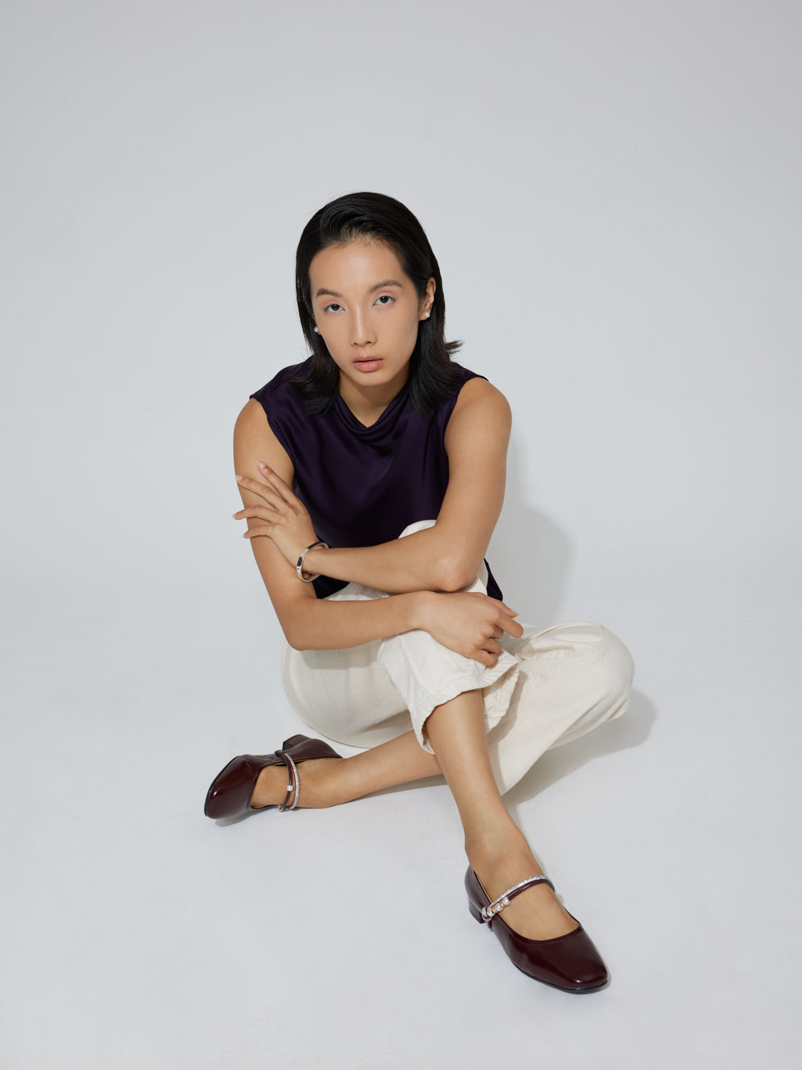 OLYRA Crystal & Pearl Strap Leather Mary Jane Heels - Wine