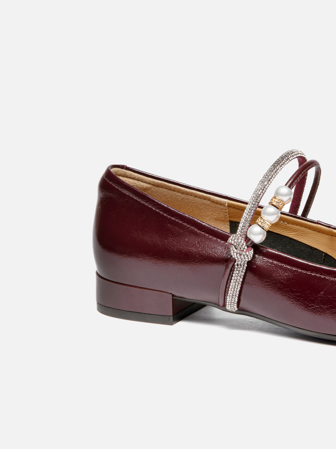 OLYRA Crystal & Pearl Strap Leather Mary Jane Heels - Wine