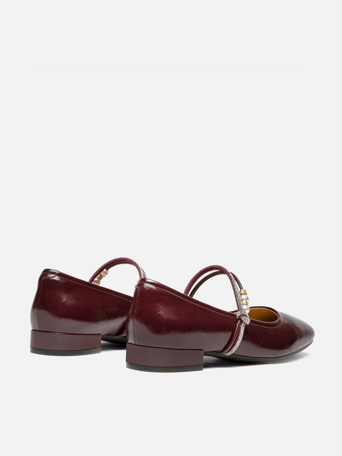 OLYRA Crystal & Pearl Strap Leather Mary Jane Heels - Wine
