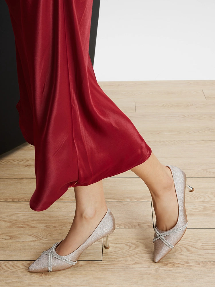 OLYRA Crystal Embellished Glitter Heels - Champagne
