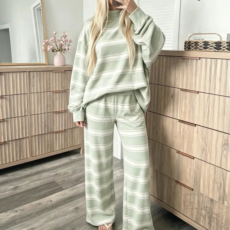 Women’s Striped Two-Piece Set – Mock Neck Pullover & Wide-Leg Trousers for Casual, Travel & Everyday Wear